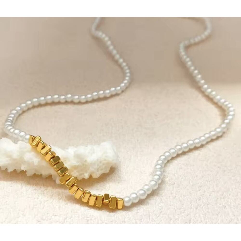 Anthropologie Pearl Necklace Nugget Gold Boho Chain Delicate Baroque Geometric - Picture 4 of 10